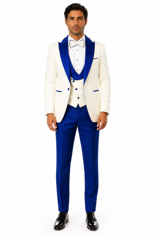 Hilton White and Royal Blue Paisley Peak Lapel Tuxedo Jacket with Matching Shawl Vest and Wool Pants – Includes Bow Tie