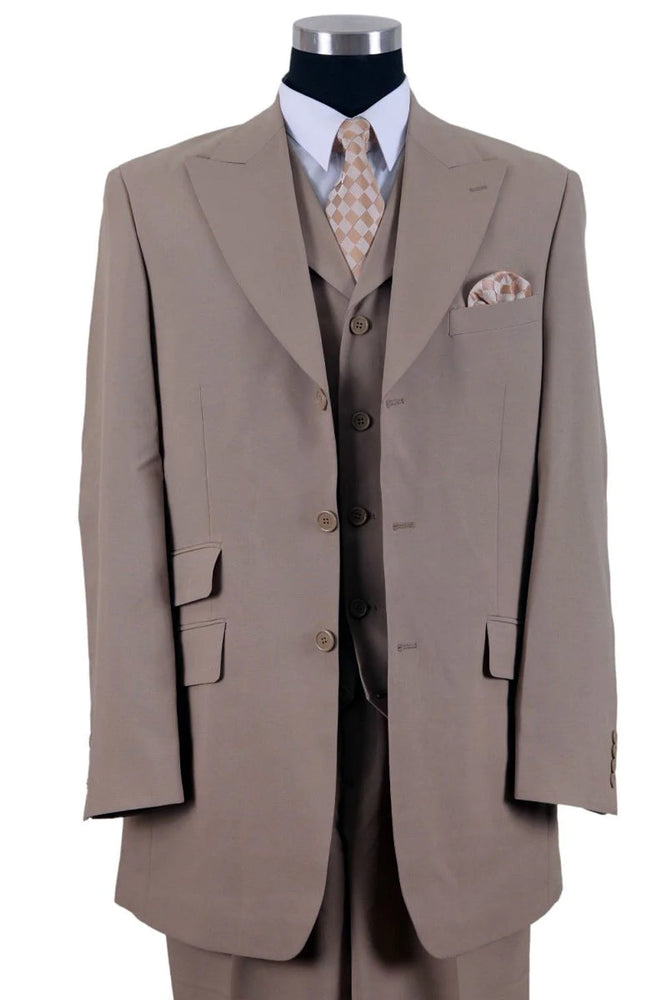 "Tan Men's Fashion Suit with 3-Button Vested Wide Peak Lapel"