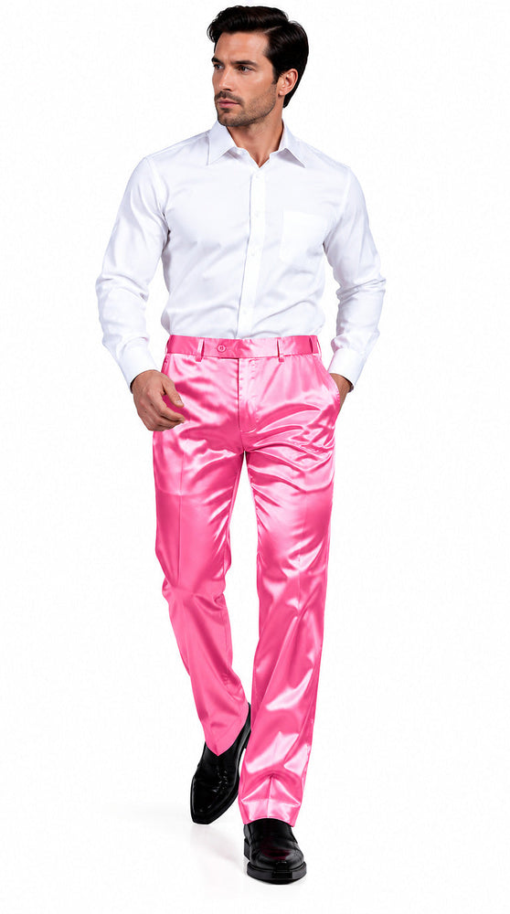 Mens Shiny Stretch Pants Solid Color Slim Fit Sateen Flashy Metallic Slacks in Color "Pink"