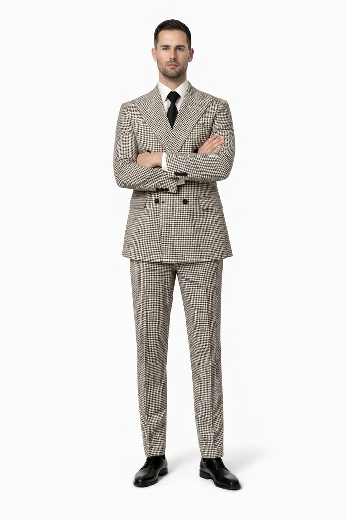 Houndstooth Double Breasted Suit - Wool Fabric Black and White Patterned Checkered Suit