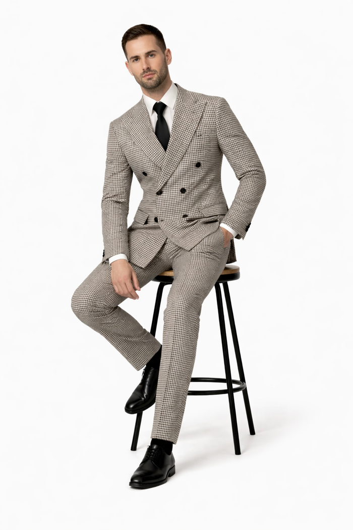 Houndstooth Double Breasted Suit - Wool Fabric Black and White Patterned Checkered Suit