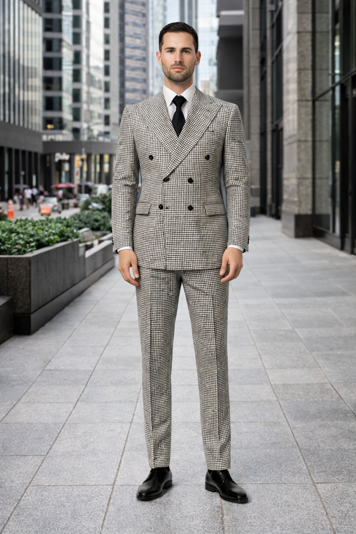Houndstooth Double Breasted Suit - Wool Fabric Black and White Patterned Checkered Suit