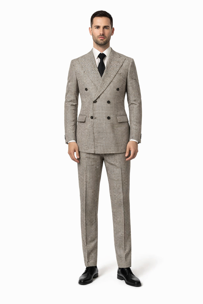 Houndstooth Double Breasted Suit - Wool Fabric Black and White Patterned Checkered Suit