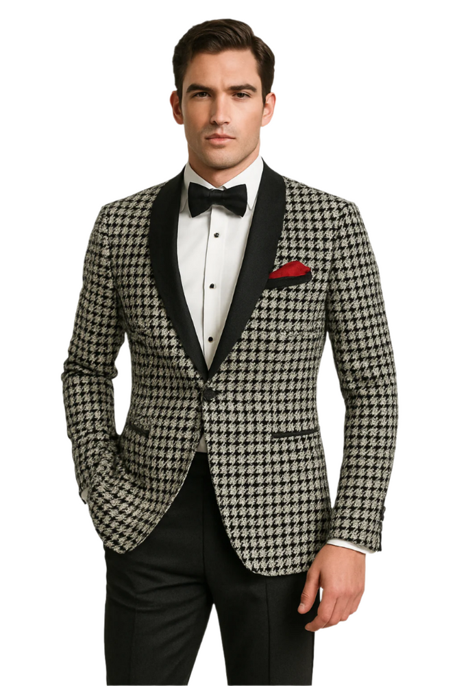 Mens Black and White Tuxedo Houndstooth Prom 2025 Suits - Groom Tuxedo