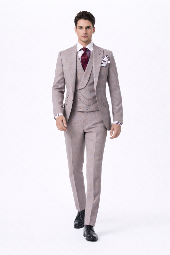 Houndstooth Suit - 100% Wool Fabric Suit - Business Suits - Vested Peak Lapel Suit