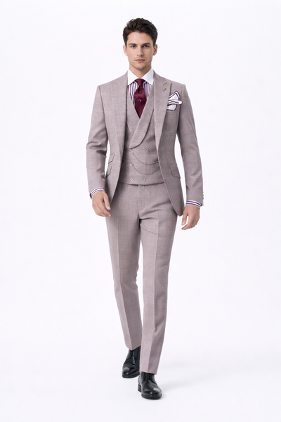 Houndstooth Suit - 100% Wool Fabric Suit - Business Suits - Vested Peak Lapel Suit