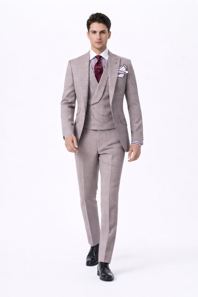 Houndstooth Suit - 100% Wool Fabric Suit - Business Suits - Vested Peak Lapel Suit