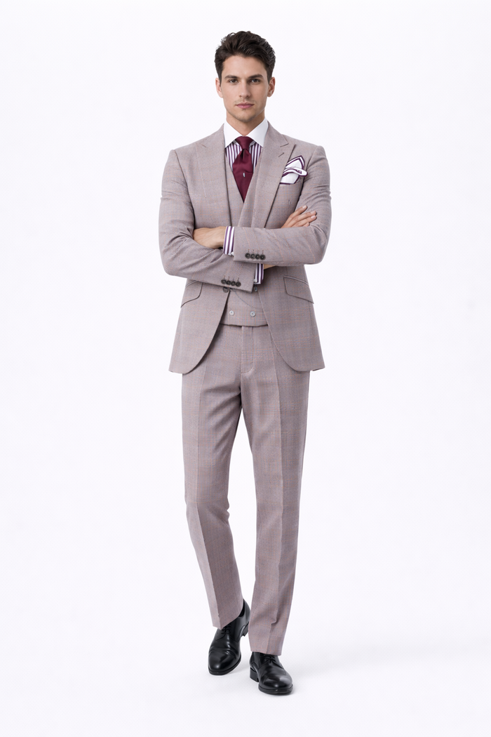 Houndstooth Suit - 100% Wool Fabric Suit - Business Suits - Vested Peak Lapel Suit