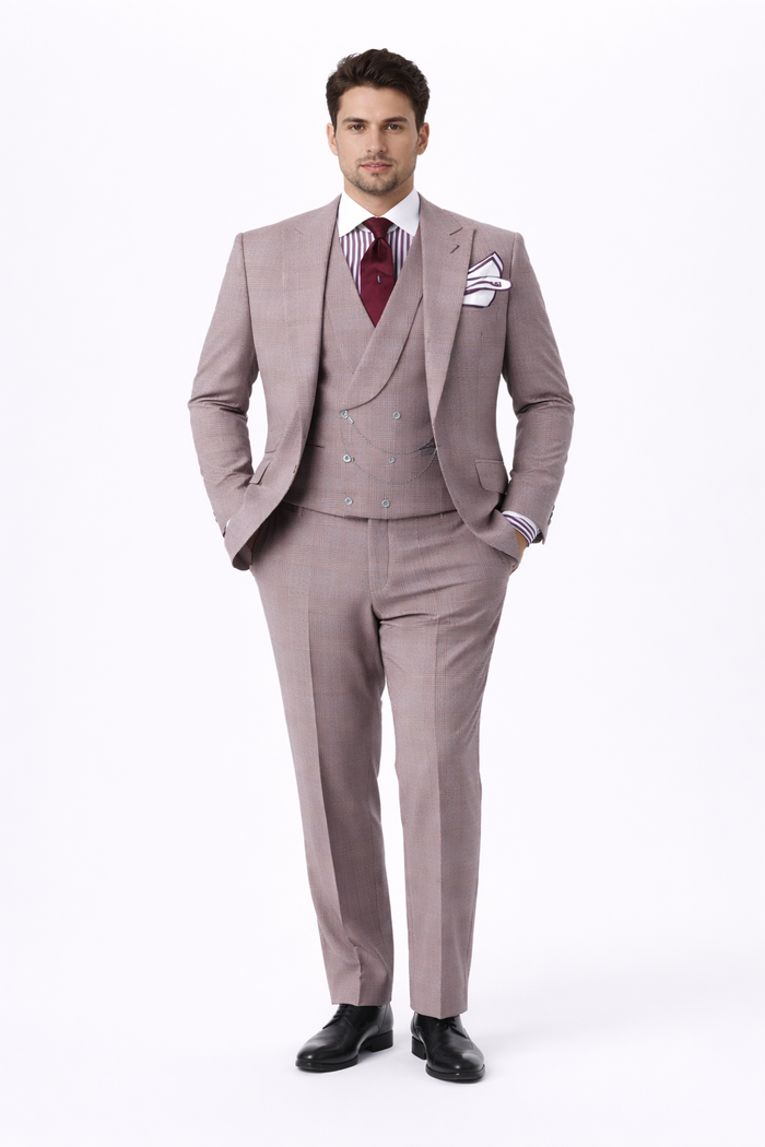 Houndstooth Suit - 100% Wool Fabric Suit - Business Suits - Vested Peak Lapel Suit