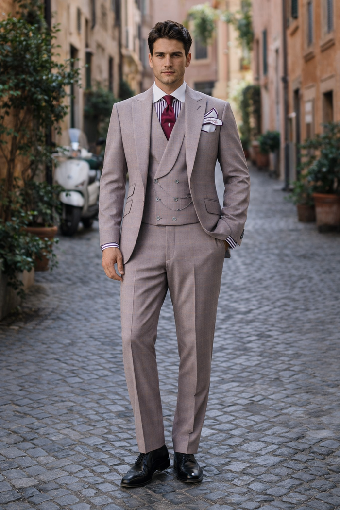 Houndstooth Suit - 100% Wool Fabric Suit - Business Suits - Vested Peak Lapel Suit