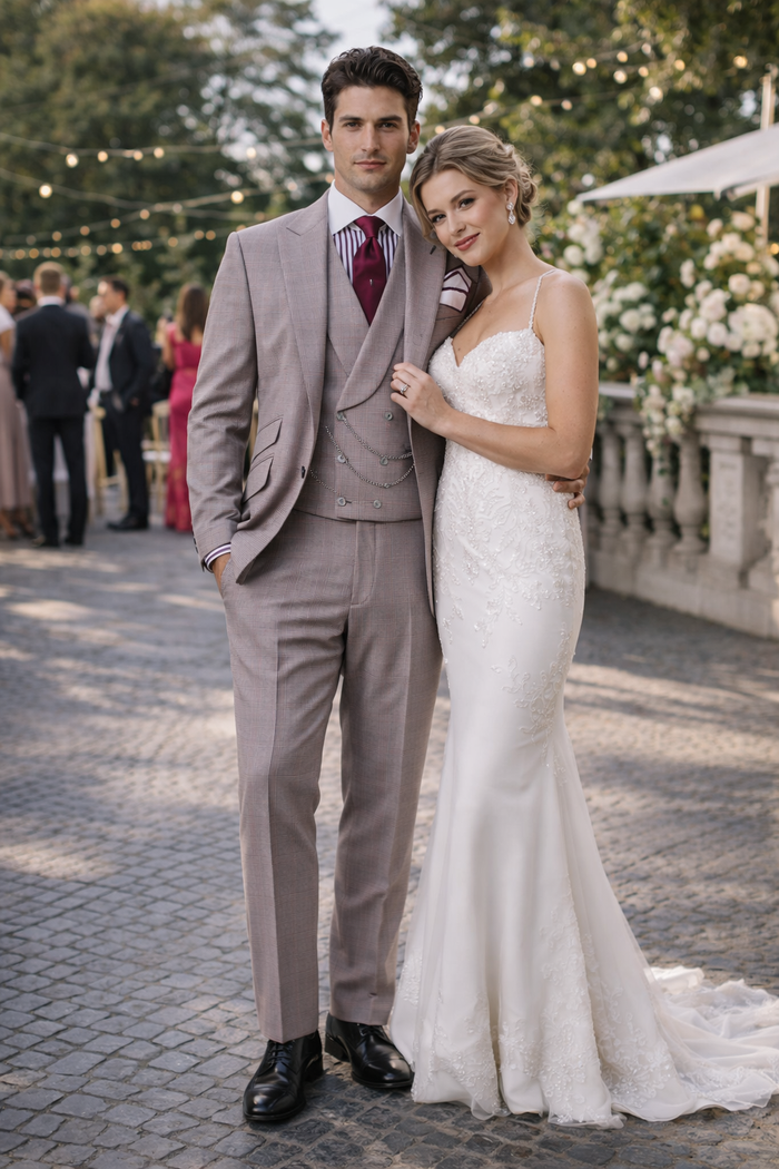 Houndstooth Suit - 100% Wool Fabric Suit - Business Suits - Vested Peak Lapel Suit
