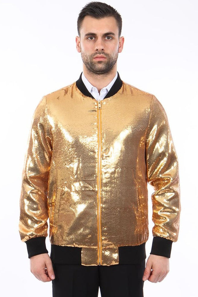 Men's Shiny Sequin Bomber Jacket in Gold by Tazzio Suits