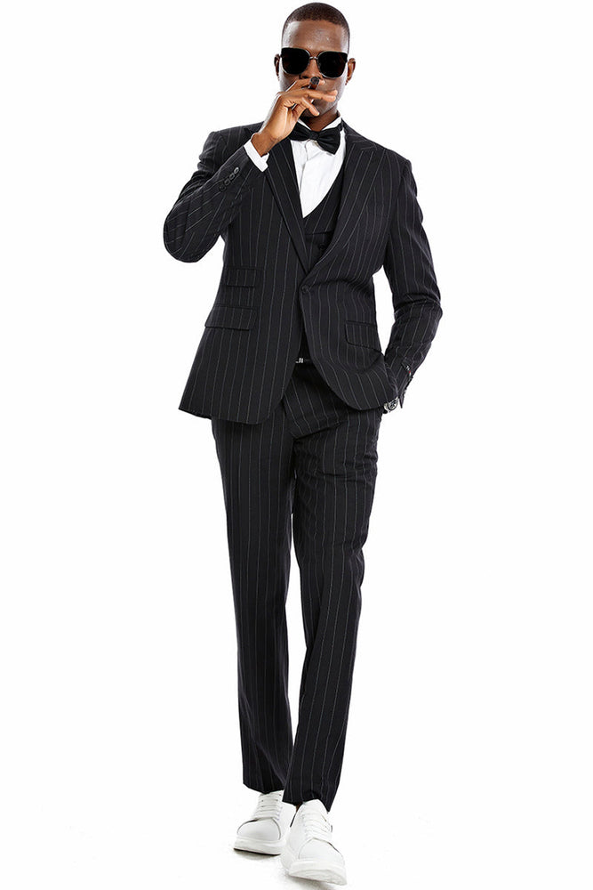 Men's Bold Vested Pinstripe Suit in Black