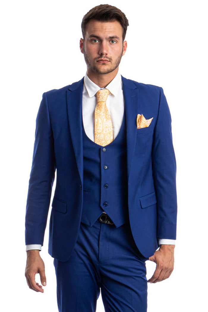 Men's Indigo Blue Peak Lapel Suit with Vested Accent