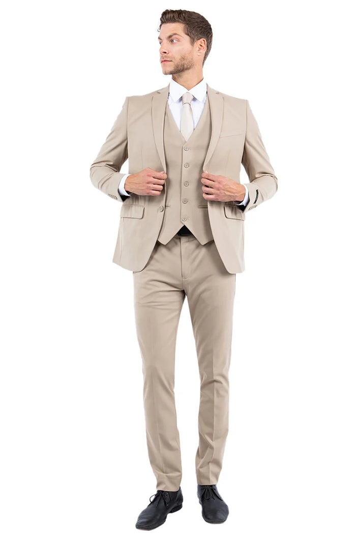 Zagrie Suits - Men's One Button Vested Slim Fit Business & Wedding Suit in Tan