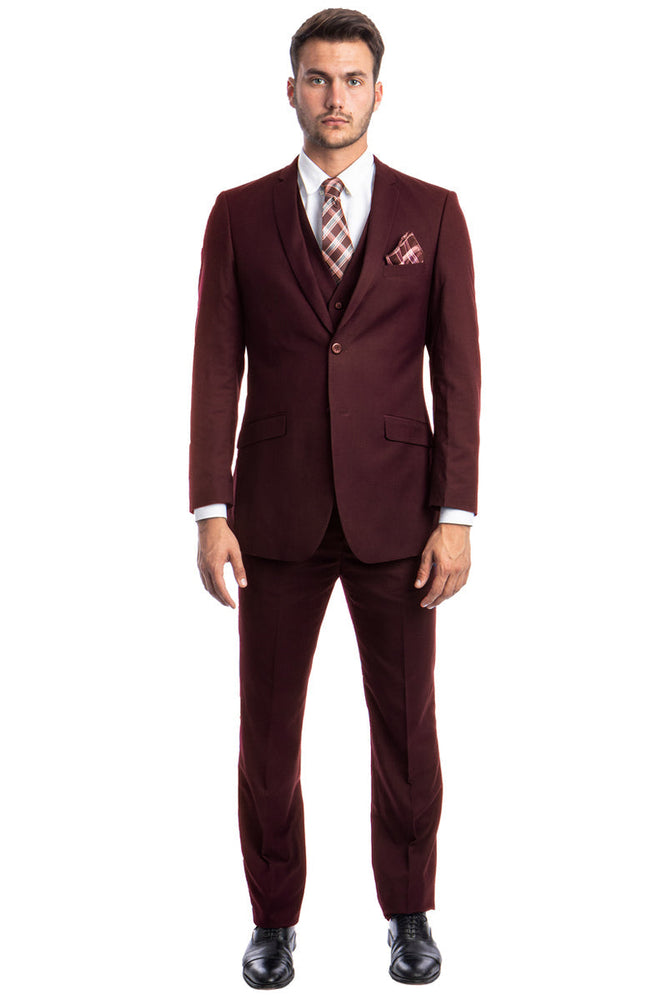Men's Burgundy Slim Fit Vested Suit by Tazzio Suits