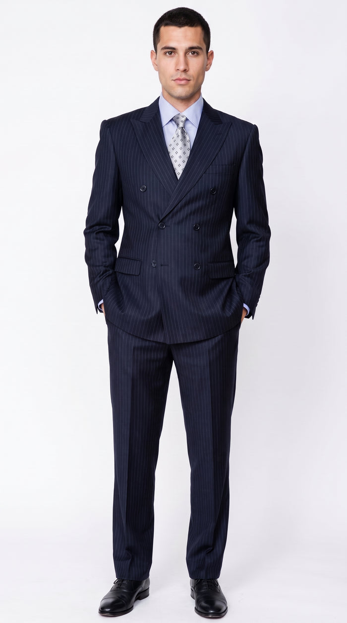 Men’s Dark Navy Blue Pinstripe Double Breasted Suit, Formal Business Wedding Dress Suit