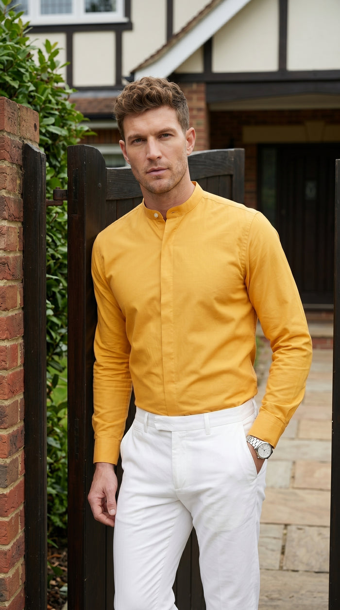 Men’s Honey Gold Mandarin Collar Dress Shirt, Banded Collar Oriental Style Formal Shirt
