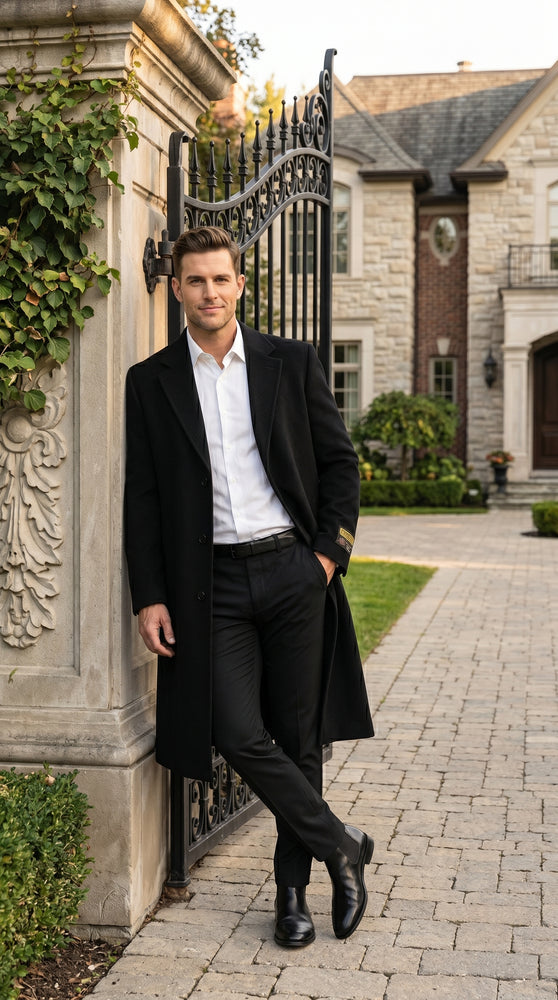 Men’s Black Big and Tall Long Overcoat, Winter Dress Topcoat in 4XL 5XL 6XL