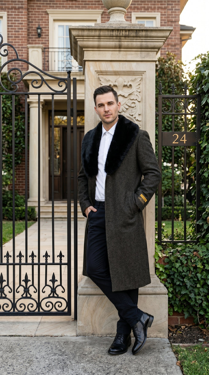 Men’s Brown Big and Tall Long Overcoat with Fur Style Collar, Winter Dress Topcoat in 4XL 5XL 6XL
