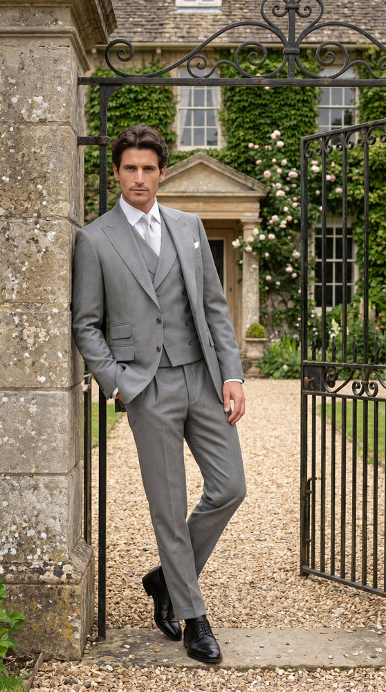 Men’s Light Grey Classic Fit Suit with Double Breasted Vest and Pleated Pants, Formal Dress Suit