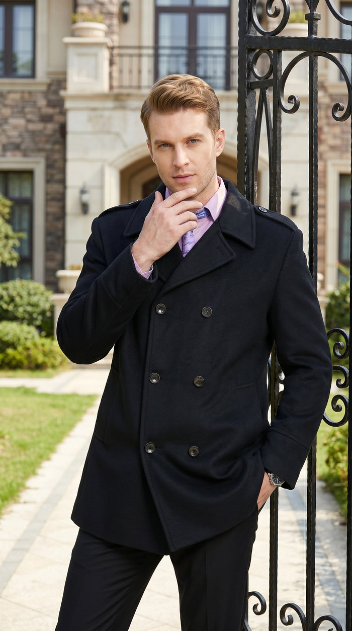 Men’s Black Wool Blend Double Breasted Peacoat, Designer Style Winter Dress Coat