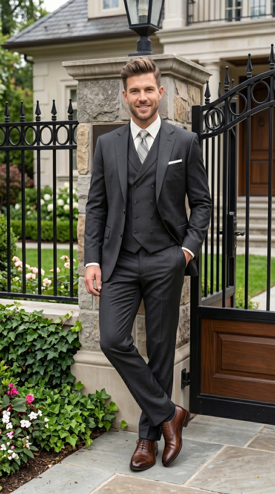 Men’s Urban Gray 3 Piece Suit with Double Breasted Vest and Pleated Pants, Formal Dress Suit