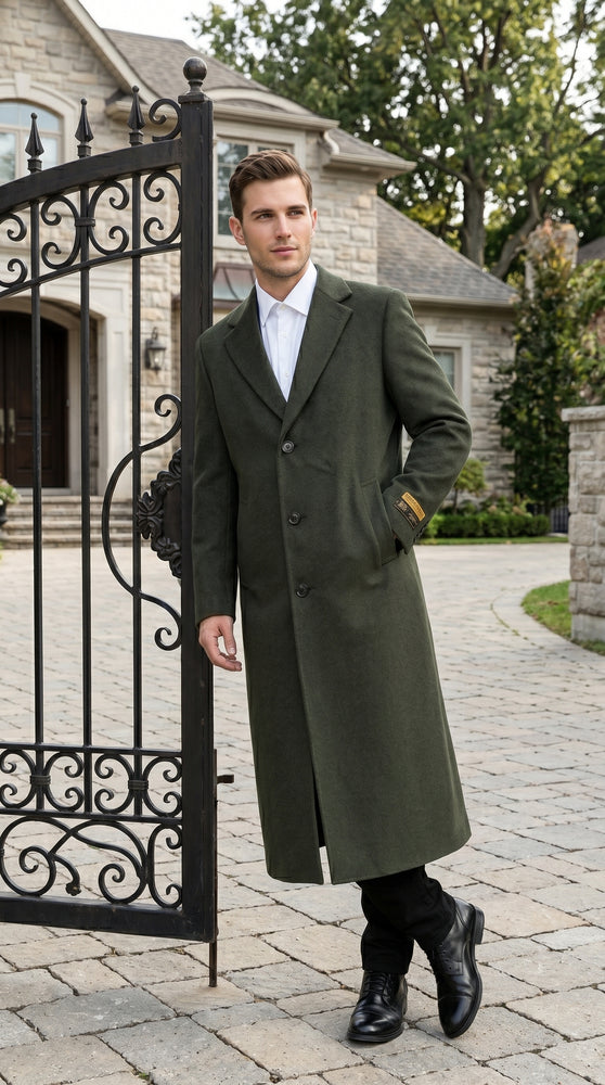 Men’s Olive Green Full Length Wool Blend Topcoat, Long Dress Overcoat for Winter Formal Wear