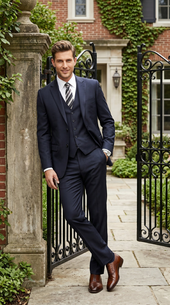 Men’s Black 3 Piece Suit with 2 Button Jacket, Vested Peak Lapel Formal Dress Suit
