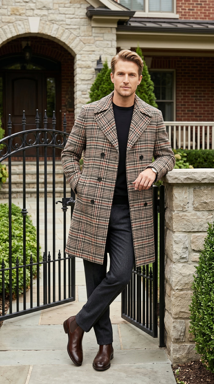 Men’s Cream Black and Red Plaid Wool Blend Peacoat, Checkered Double Breasted Winter Coat