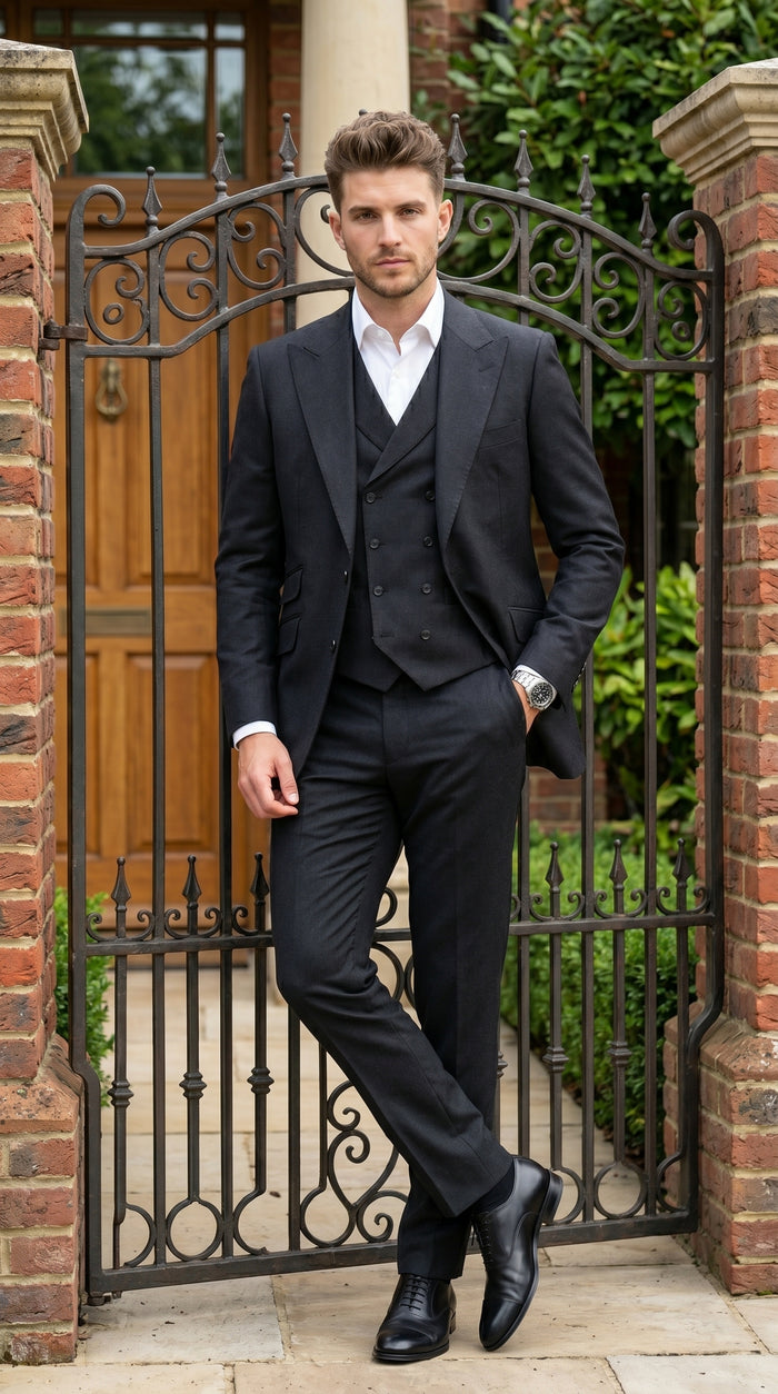Men’s Black Classic Fit 3 Piece Suit with Double Breasted Vest and Pleated Pants