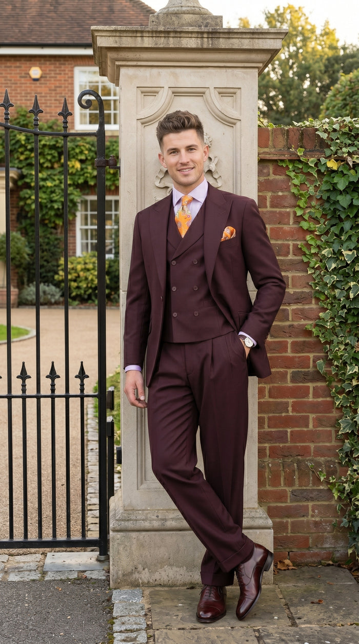 Men’s Burgundy Maroon 3 Piece Suit with Double Breasted Vest and Pleated Pants