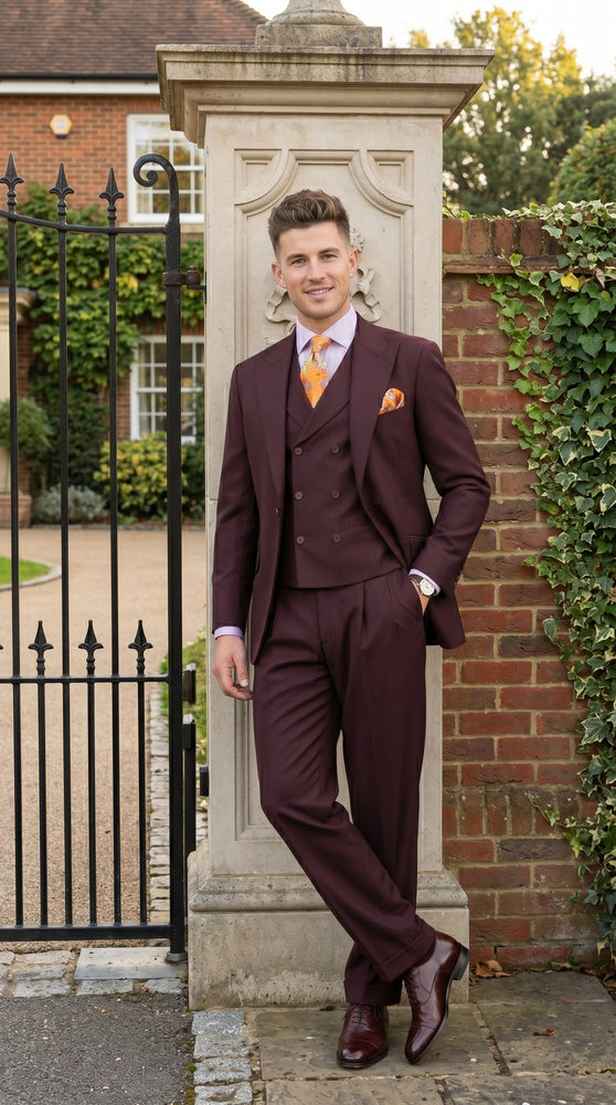 Men’s Burgundy Maroon 3 Piece Suit with Double Breasted Vest and Pleated Pants