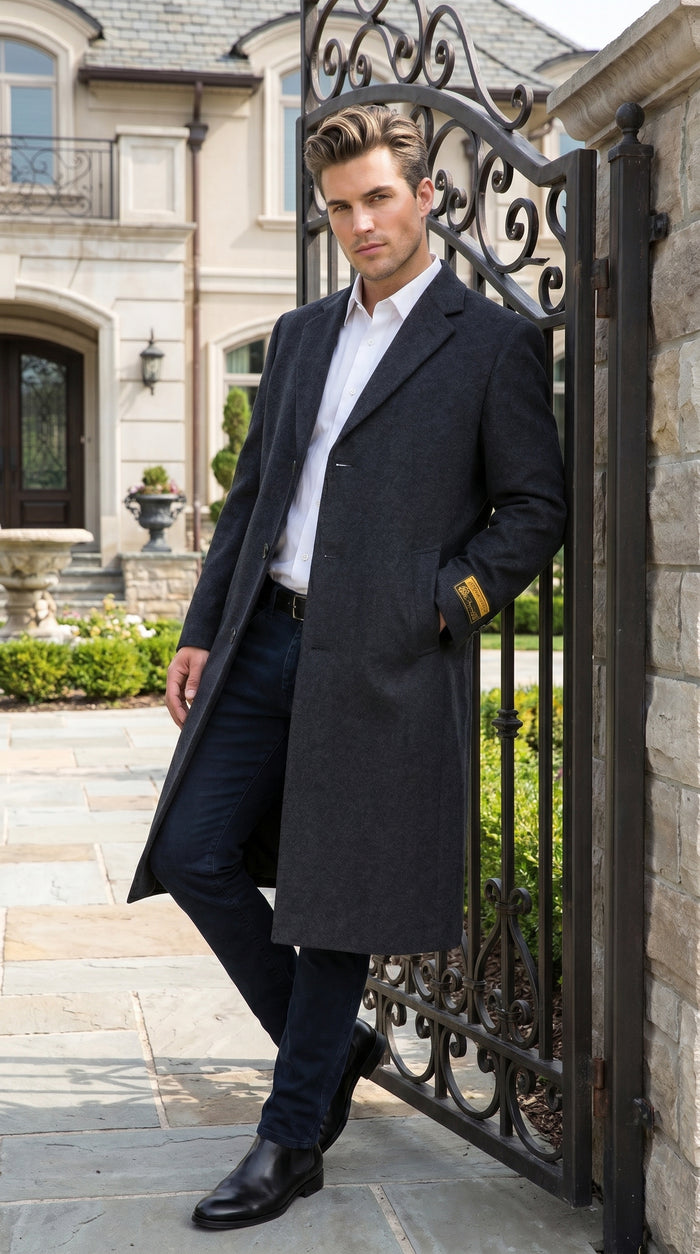 Men’s Charcoal Full Length Wool Dress Topcoat, Formal Winter Overcoat for Men