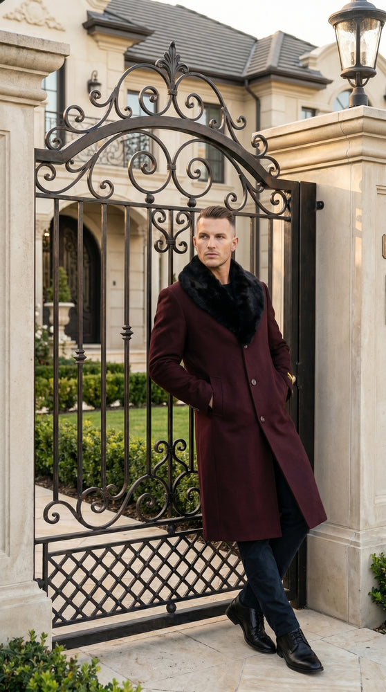 Men’s Burgundy Big and Tall Long Overcoat with Black Fur Style Collar, Winter Dress Topcoat up to Size 68