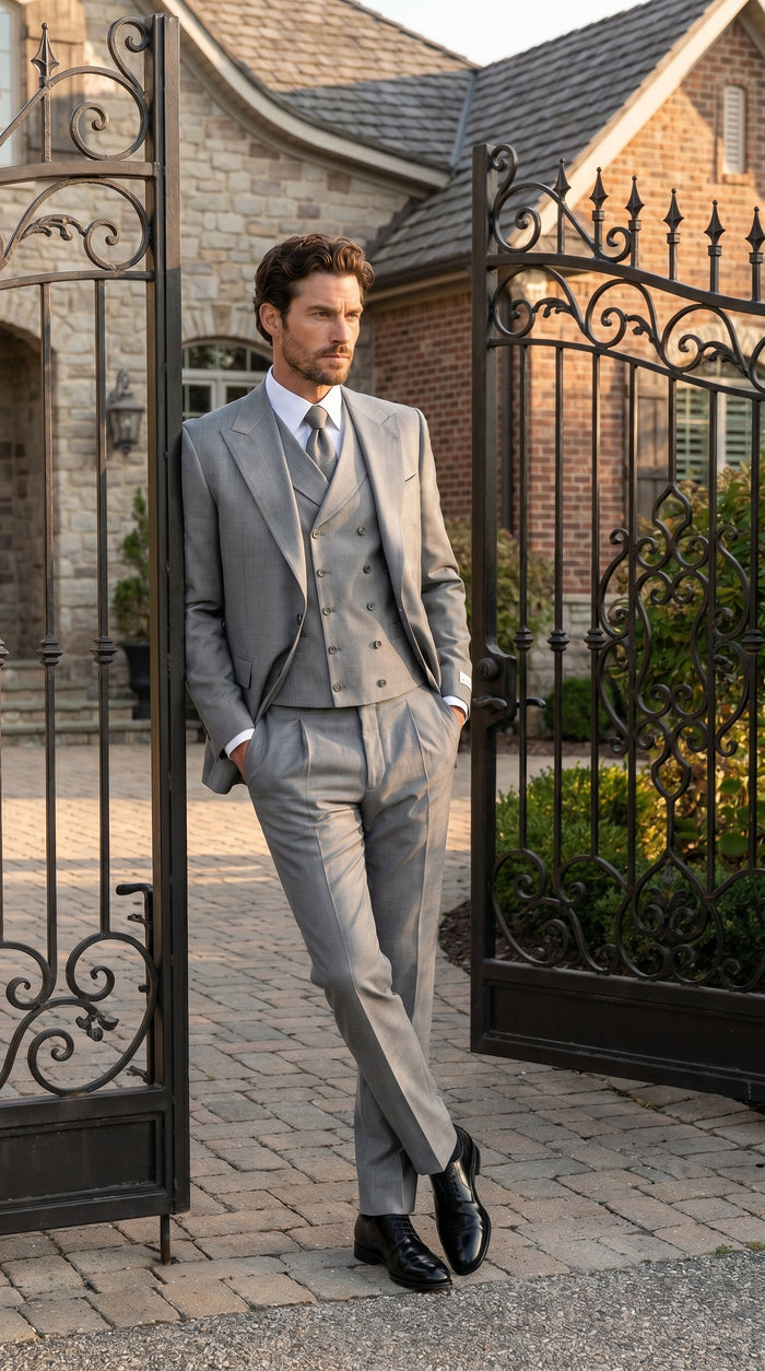 Men’s Grey 1920s Style 3 Piece Suit with Double Breasted Slanted Vest, Peak Lapel & Pleated Wide Leg Pants