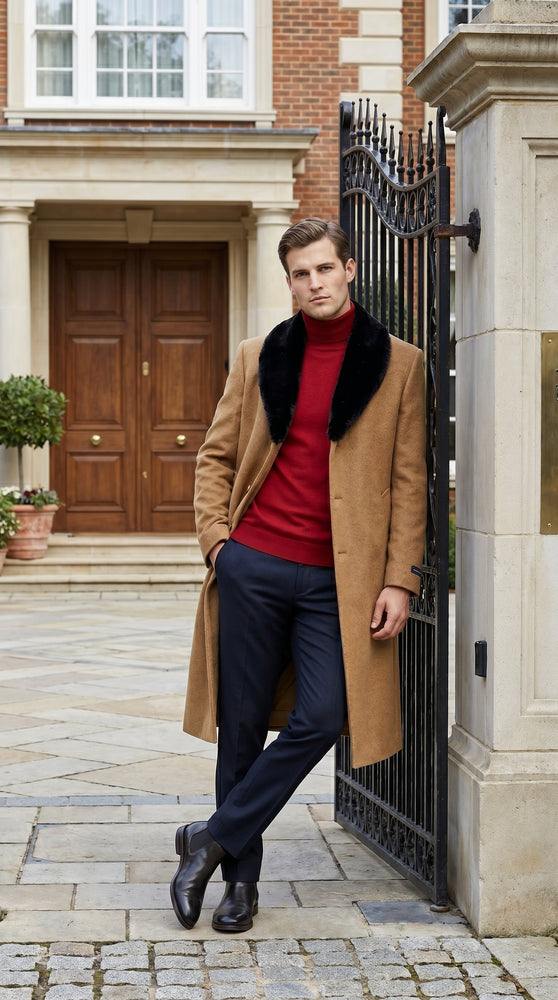 Men’s Camel Big and Tall Long Overcoat with Black Fur Style Collar, Winter Dress Topcoat up to Size 68