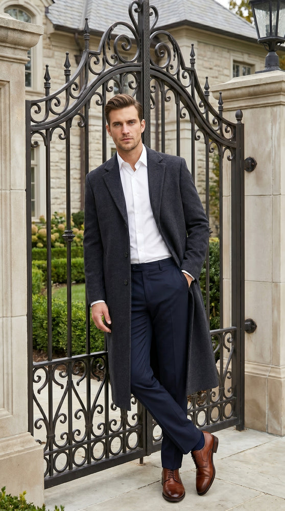 Men’s Black Cashmere Blend Full Length Overcoat, Classic Winter Dress Topcoat