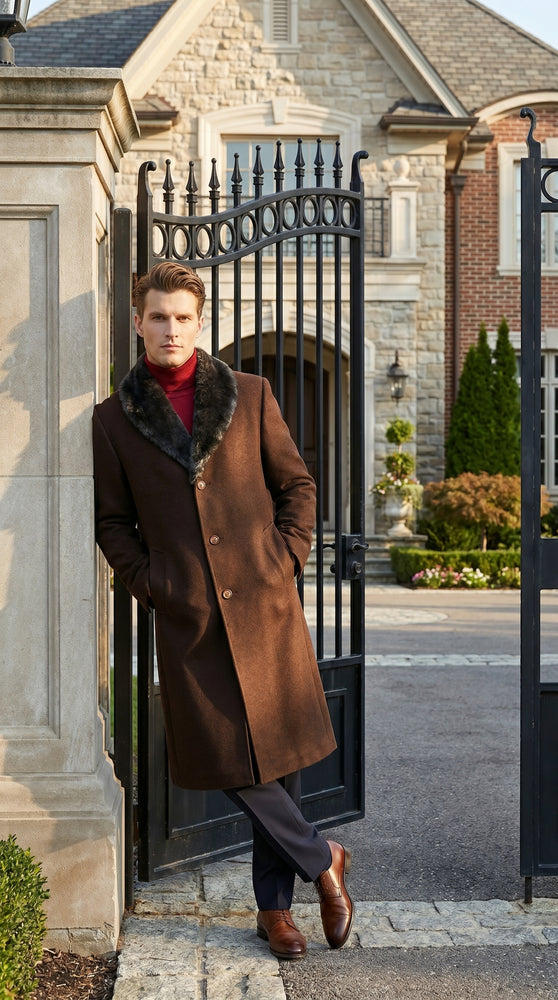 Men’s Brown Big and Tall Long Overcoat with Black Fur Style Collar, Winter Dress Topcoat up to Size 68
