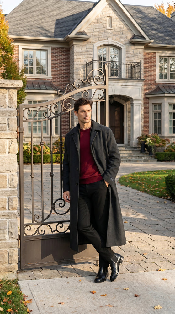 Men’s Charcoal 3 Button Long Wool Blend Dress Coat, Full Length Formal Winter Overcoat