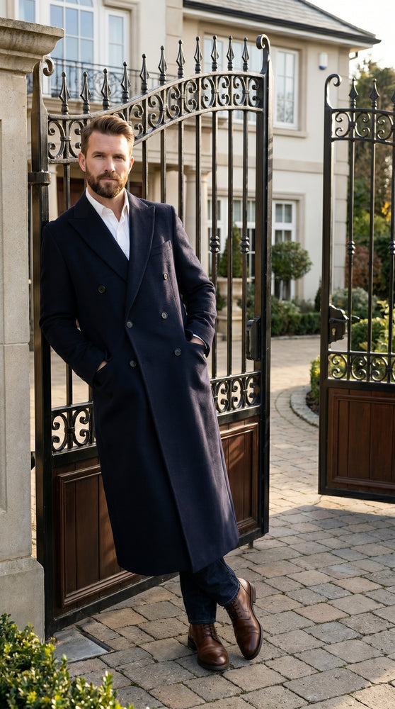 Men’s Black Cashmere Blend Full Length Overcoat, Double Breasted Winter Dress Topcoat