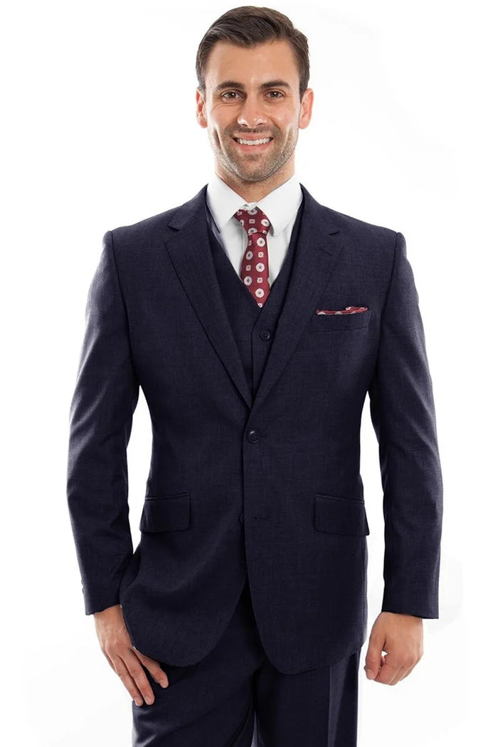 Zegarie Suits - Men's Designer Two Button Modern Fit Vested Wool Suit in Navy Blue