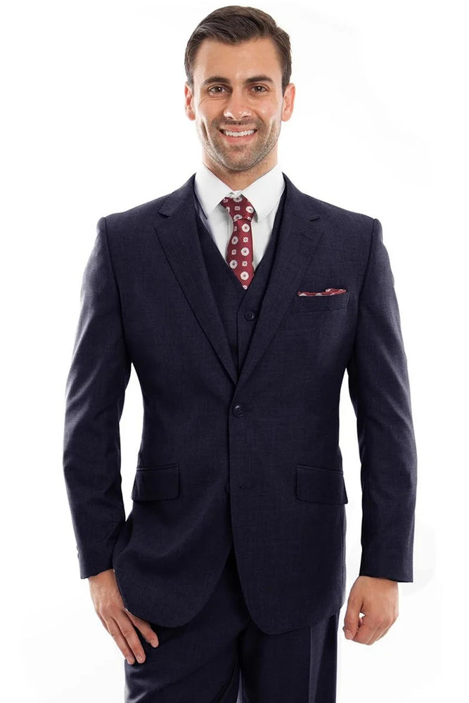 Zegarie Suits - Men's Designer Two Button Modern Fit Vested Wool Suit in Navy Blue