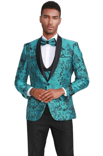Men's 2 Button Paisley Designed Blue ~ Turquoise ~ Aqua Tiffany Blue Sport Coat Blazer Two Toned Tuxedo Mix With Black Dinner Jacket