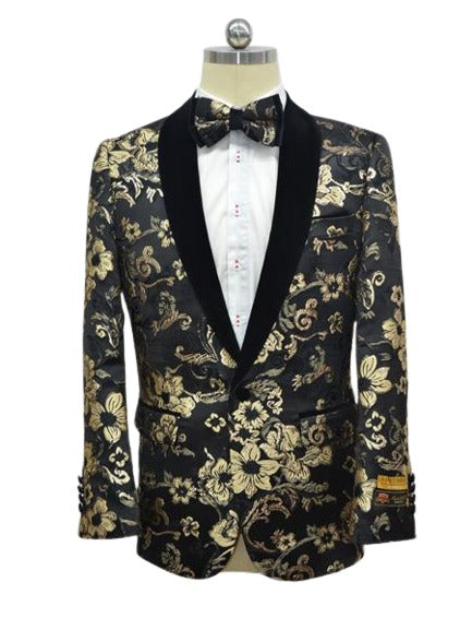 Black And Gold Two Toned Paisley Floral Blazer Tuxedo Dinner Jacket Fashion Sport Coat