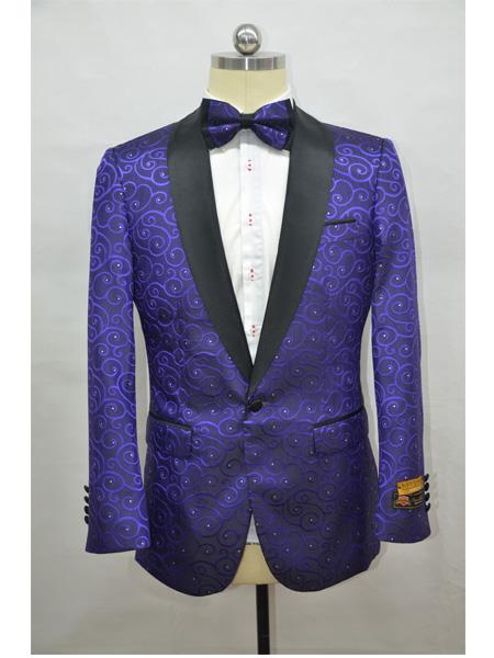 Purple and Black Two Toned Paisley Floral Blazer Tuxedo Dinner Jacket Fashion Sport Coat + Matching Bow Tie