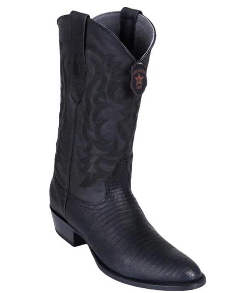 Los Altos Boots Lizard Teju R-Toe Greasy Finish Black Cowboy Boots