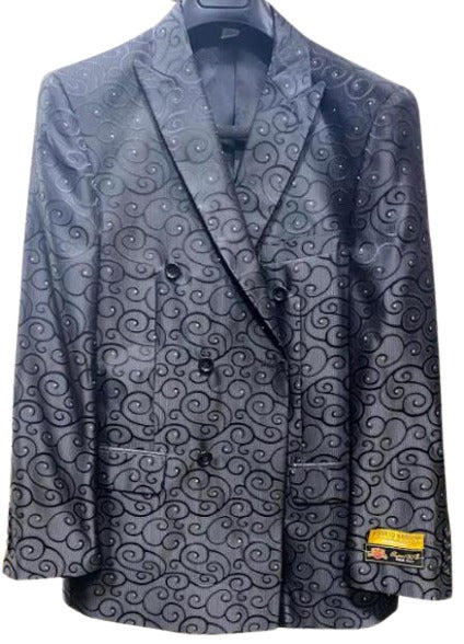 Men's Fancy Paisley Floral Black Men's Double Breasted Suits Jacket Blazer Sport Coat Jacket - Black