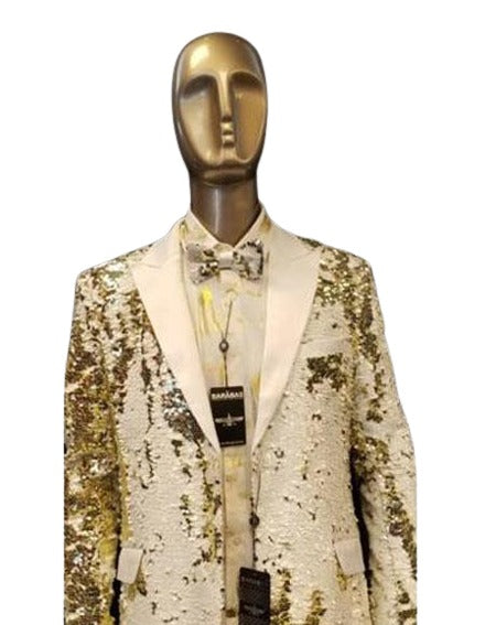 Mens Big and Tall Sequin Blazer - Shiny Fancy Sport Coat + Matching Bowtie + White ~ Gold Tuxedo