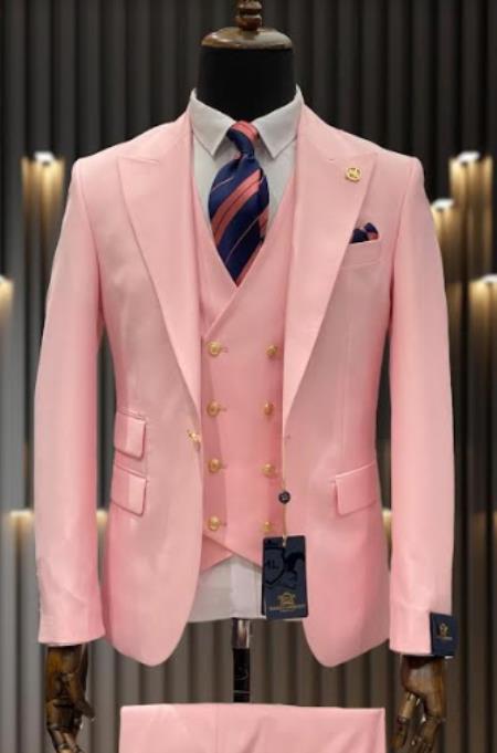 Rossiman Men’s Pink Suit | 1-Button Peak Lapel Jacket & Double-Breasted Vest – Italian Tailored 3-Piece Luxury Suit